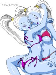 Rule 34 | 10s, 2girls, :d, ;d, alternate costume, angel (dragon ball), arm up, ass, back, bare arms, bare legs, bikini, blue skin, breast press, breasts, butt crack, cleavage, colored skin, colorized, couple, dannyjs611, dragon ball, dragon ball super, eyelashes, female focus, high ponytail, hug, large breasts, legs, long hair, looking at viewer, looking back, marcarita (dragon ball), multiple girls, one eye closed, open mouth, ponytail, purple bikini, purple eyes, red bikini, shiny skin, side-tie bikini bottom, sideboob, simple background, smile, swimsuit, symmetrical docking, tongue, twintails, underboob, universe 11 (dragon ball), universe 6 (dragon ball), vados (dragon ball), white background, white hair, yuri