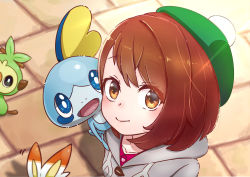 Rule 34 | 1girl, absurdres, blue eyes, blush, brown eyes, brown hair, cardigan, closed mouth, commentary request, creatures (company), eyebrows, eyes visible through hair, game freak, gen 8 pokemon, gloria (pokemon), green hat, grookey, hair between eyes, hat, highres, koka12312, looking at viewer, nintendo, open mouth, outdoors, pokemon, pokemon (creature), pokemon swsh, scorbunny, shirt, short hair, smile, sobble, standing, starter pokemon trio, tam o&#039; shanter