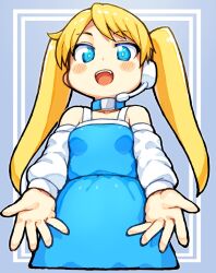 Rule 34 | 1girl, :d, bachera, bare shoulders, blonde hair, blue background, blue dress, blue eyes, blush stickers, breasts, commentary request, detached sleeves, dress, headset, highres, long hair, long sleeves, looking at viewer, open mouth, puffy long sleeves, puffy sleeves, rta-chan, rta in japan, small breasts, smile, solo, twintails, two-tone background, very long hair, white background, white sleeves