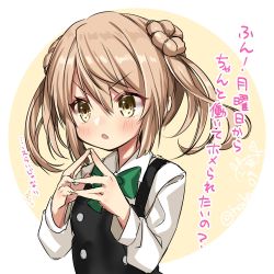 Rule 34 | 1girl, bow, bowtie, circle, commentary request, double bun, dress, fingers together, green bow, green bowtie, haiba 09, hair bun, highres, kantai collection, light brown hair, michishio (kancolle), michishio kai ni (kancolle), one-hour drawing challenge, pinafore dress, shirt, short sleeves, short twintails, sleeveless, sleeveless dress, solo, translation request, twintails, two-tone background, upper body, white background, white shirt, yellow eyes