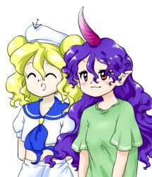 Rule 34 | 2girls, anchor symbol, blonde hair, blue sailor collar, check commentary, closed eyes, commentary, commentary request, cropped shirt, green shirt, hat, horns, kitashirakawa chiyuri, long hair, multiple girls, nonamejd, open mouth, pointy ears, purple hair, purple horns, red eyes, sailor, sailor collar, sailor hat, shirt, short hair, short sleeves, shorts, simple background, single horn, smile, tenkajin chiyari, touhou, touhou (pc-98), twintails, white background, white shorts, zun (style)