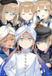 Rule 34 | 1boy, 2others, 3girls, aqua eyes, baker nemo (fate), black headwear, blue hair, braid, braided ponytail, captain nemo (fate), collared shirt, engineer nemo (fate), closed eyes, fate/grand order, fate (series), food, glasses, gradient hair, hand on own hip, hat, highres, holding, holding food, long hair, looking at viewer, marine nemo (fate), military, military uniform, multicolored hair, multiple girls, multiple others, naval uniform, nemo (fate), nonono (nononotea), nurse cap, nurse nemo (fate), platinum blonde hair, professor nemo (fate), shirt, short twintails, smile, tan, turban, twintails, uniform