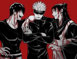 Rule 34 | 3boys, arm on another&#039;s shoulder, bleeding, blindfold, blood, blood on clothes, blood on face, commentary request, crossed arms, evil smile, fushiguro touji, getou suguru, gojou satoru, hair bun, hand on another&#039;s head, jacket, japanese clothes, jujutsu kaisen, kesa, kimono, long sleeves, looking back, male focus, multiple boys, muscular, muscular male, open mouth, pants, plug (piercing), red background, shirt, short hair, smile, teeth, wide sleeves, zhhy3324