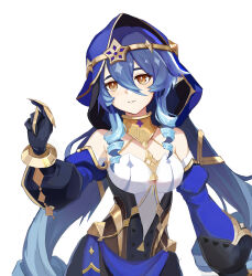 Rule 34 | 1girl, absurdres, bare shoulders, black gloves, blue hair, breasts, detached hood, detached sleeves, dress, drill hair, genshin impact, gloves, gorget, hair between eyes, highres, layla (genshin impact), long hair, low twintails, parted lips, pointy ears, sidelocks, simple background, sleeveless, sleeveless dress, small breasts, smile, solo, twintails, upper body, very long hair, white background, yellow eyes, yun shou