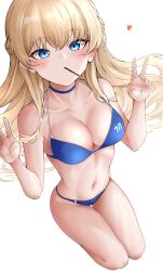 Rule 34 | 1girl, absurdres, bare shoulders, bikini, blonde hair, blue archive, blue bikini, blue choker, blue eyes, blush, braid, breasts, choker, cleavage, collarbone, double v, food, food in mouth, foreshortening, french braid, groin, heart, highres, knees up, lds (dstwins97), long hair, looking at viewer, lying, medium breasts, navel, on back, pocky, pocky in mouth, simple background, solo, swimsuit, thigh gap, thighs, toki (blue archive), v, white background