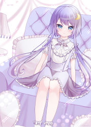 Rule 34 | 1girl, absurdres, alternate costume, blue eyes, blue hair, blush, buttons, closed mouth, crescent, crescent hair ornament, dress, feet out of frame, frilled sleeves, frills, hair between eyes, hair ornament, highres, kantai collection, long hair, puffy short sleeves, puffy sleeves, purple dress, short hair with long locks, short sleeves, sitting, socks, solo, white socks, yayoi (kancolle), yoshino (mfmfpng)