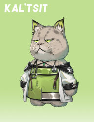 Rule 34 | 1girl, animalization, arknights, character name, chinese commentary, closed mouth, commentary request, dress, furry, green background, green dress, green eyes, grey fur, highres, kal&#039;tsit (arknights), long sleeves, lunn, lynx, off-shoulder dress, off shoulder, party animals, simple background, solo