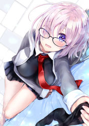 Rule 34 | 1girl, barefoot, black skirt, blush, breasts, fate/grand order, fate (series), glasses, hair over one eye, keepout, large breasts, looking at viewer, lying, mash kyrielight, necktie, on side, pantyhose, unworn pantyhose, parted lips, pink hair, purple eyes, red necktie, short hair, skirt