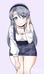 Rule 34 | 1girl, alternate costume, asymmetrical bangs, black hairband, blouse, breasts, commentary request, cowboy shot, dated, grey background, hairband, hand on own thigh, highres, kantai collection, leaning forward, light purple hair, lips, long hair, looking at viewer, masara (chuujou), medium breasts, one-hour drawing challenge, pencil skirt, plaid, plaid skirt, purple eyes, purple skirt, sagiri (kancolle), shirt, skirt, smile, solo, swept bangs, twitter username, white shirt