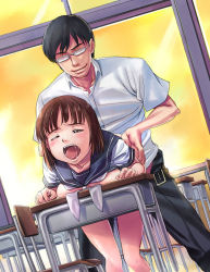 Rule 34 | 1000, 1boy, 1girl, age difference, bent over, blush, breast press, breasts, brown hair, classroom, clothed sex, clothes lift, desk, doggystyle, from behind, hetero, indoors, open mouth, original, saliva, school, school desk, school uniform, serafuku, sex, sex from behind, shirt lift, short hair, sunset, teacher, teacher and student, teaching, torso grab, wince