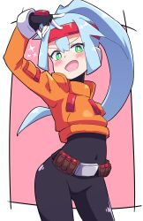 Rule 34 | 1girl, :d, absurdres, ashe (mega man), belt, blue hair, bodysuit, bright pupils, buzzlyears, commentary, covered navel, cowboy shot, gloves, green eyes, headband, high ponytail, highres, long hair, looking at viewer, mega man (series), mega man zx, mega man zx advent, open mouth, ponytail, smile, solo, very long hair, white pupils
