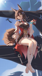 Rule 34 | 1girl, absurdres, animal ears, arm rest, bare shoulders, barefoot, blue sky, blush, bracelet, branch, breasts, brown dress, brown hair, closed mouth, cqc no hashi neko, day, detached sleeves, dress, eyeliner, fox ears, fox girl, fox tail, from below, full body, green eyes, hair between eyes, highres, holding, honkai: star rail, honkai (series), jewelry, legs together, lens flare, long hair, looking at viewer, medium breasts, outdoors, ponytail, raised eyebrows, red eyeliner, sidelocks, signature, sitting, sky, sleeveless, sleeveless dress, smile, solo, stirrup legwear, tail, thighs, tingyun (honkai: star rail), toeless legwear, toes, white footwear, white sleeves