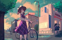 Rule 34 | aibivy, bicycle, blue sky, brown eyes, brown hair, building, checkered clothes, checkered skirt, cloud, contemporary, glasses, hat, highres, looking at viewer, outdoors, puddle, red-framed eyewear, road, school uniform, short twintails, skirt, sky, solo focus, street, touhou, tree, twintails, usami sumireko, vest