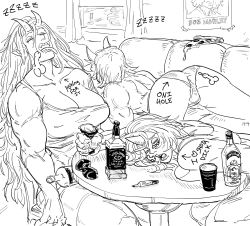 Rule 34 | 3girls, alcohol, ass, bb (baalbuddy), beer can, bob marley, body writing, breasts, can, cleavage, closed eyes, commentary, couch, crushed can, drink can, drooling, drunk, english commentary, food, greyscale, highres, horns, jack daniel&#039;s, large breasts, long hair, marker, monochrome, multiple girls, oni, oni horns, original, pizza, pizza slice, poster (object), profanity, sitting, sleeping, sleeping upright, topless