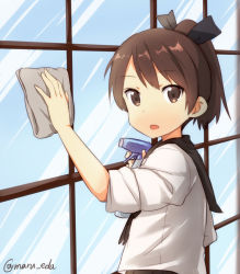 Rule 34 | 10s, 1girl, blouse, bottle, brown eyes, brown hair, cleaning, hair ribbon, high ponytail, kantai collection, looking at viewer, maruki (punchiki), open mouth, ponytail, ribbon, sailor collar, shikinami (kancolle), shirt, sleeves rolled up, solo, spray bottle, twitter username, window, wiping
