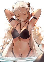Rule 34 | 1girl, arm strap, armpits, arms up, bikini, black bikini, breasts, bun cover, cleavage, commentary, cowboy shot, dark skin, dark-skinned female, double bun, earrings, closed eyes, hair pulled back, jewelry, lips, long hair, majo (pastamajo), medium breasts, midriff, navel, onsen, original, pubic tattoo, silver hair, simple background, skindentation, solo, steam, swimsuit, tattoo, thick eyebrows, wading, water, white background, wristband