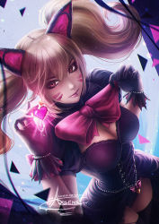Rule 34 | 1girl, animal ears, artist name, axsen, black cat d.va, black dress, black gloves, black thighhighs, blonde hair, bow, bowtie, breasts, brown eyes, cat ears, cleavage, cleavage cutout, closed mouth, clothing cutout, d.va (overwatch), dress, dutch angle, facial mark, from above, gem, gloves, glowing, heart, holding, large breasts, lips, long hair, looking up, overwatch, overwatch 1, pearl (gemstone), pink bow, puffy short sleeves, puffy sleeves, short sleeves, signature, smile, solo, standing, thighhighs, twintails, whisker markings