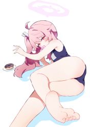 Rule 34 | 1girl, absurdres, ass, barefoot, blue archive, doughnut, eating, food, highres, meng yin, natsu (blue archive), school swimsuit, solo, swimsuit