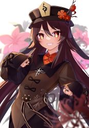 Rule 34 | 1girl, 53c, black headwear, black skirt, blurry, blurry background, blurry foreground, brown eyes, brown hair, brown jacket, commentary, depth of field, flower, flower-shaped pupils, genshin impact, grin, hair between eyes, highres, hu tao (genshin impact), jacket, long hair, long sleeves, looking at viewer, pink flower, red flower, red shirt, shirt, skirt, sleeves past fingers, sleeves past wrists, smile, solo, spider lily, symbol-shaped pupils, very long hair, white background