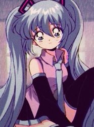 Rule 34 | 1990s (style), bare shoulders, blue eyes, blue hair, collar, collared shirt, hair ornament, hatsune miku, long hair, looking at viewer, necktie, pikiru, retro artstyle, shirt, sitting, skirt, thighhighs, twintails, vocaloid