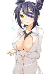 Rule 34 | 10s, 1girl, bad id, bad pixiv id, blush, breast hold, breasts, chestnut mouth, eyepatch, headgear, kankitsunabe (citrus), kantai collection, naked shirt, necktie, open clothes, open shirt, purple hair, shirt, solo, tenryuu (kancolle), upper body, white background, yellow eyes