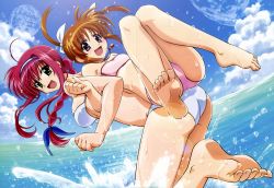 Rule 34 | 2girls, :d, absurdres, amitie florian, back-to-back, bandeau, barefoot, bikini, braid, brown hair, cloud, day, feet, hairband, highres, jewelry, legs, locked arms, lyrical nanoha, mahou shoujo lyrical nanoha, mahou shoujo lyrical nanoha a&#039;s, mahou shoujo lyrical nanoha a&#039;s portable: the gears of destiny, moon, multiple girls, necklace, non-web source, nyantype, ocean, official art, open mouth, outdoors, shinozaki akira, short twintails, sky, smile, soles, swimsuit, takamachi nanoha, toes, twintails, water, wet