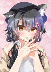 Rule 34 | 1girl, animal ear fluff, animal ears, asahina yori, black hair, black headwear, blush, brown sweater, close-up, closed mouth, commentary request, crossed bangs, eyes visible through hair, hair between eyes, hair ornament, hair scrunchie, hairclip, hands up, happy, heart, heart background, highres, hololive, long hair, looking at viewer, low twintails, multicolored hair, off-shoulder sweater, off shoulder, official alternate costume, ookami mio, ookami mio (street), own hands together, pink background, red hair, scrunchie, simple background, smile, solo, streaked hair, sweater, twintails, virtual youtuber, white scrunchie, wolf ears, wolf girl, x hair ornament
