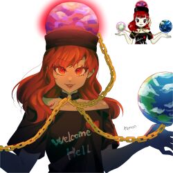 Rule 34 | 1girl, chain, commentary request, earth (ornament), hecatia lapislazuli, highres, kimon 102, looking at viewer, medium hair, moon (ornament), red eyes, red hair, reference inset, signature, simple background, smile, solo, touhou, upper body, vietnamese commentary, white background, zun (artist)