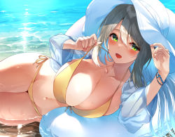 Rule 34 | 1girl, bikini, blue archive, blush, breasts, cleavage, collarbone, eel mizue, green eyes, hat, large breasts, light brown hair, long hair, looking at viewer, lying, navel, nonomi (blue archive), nonomi (swimsuit) (blue archive), on side, side-tie bikini bottom, smile, solo, sun hat, swimsuit, white hat, yellow bikini