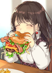 Rule 34 | 1girl, ^ ^, bacon, blush, brown hair, burger, burger malfunction, closed eyes, dress, earrings, eating, food, french fries, gin (oyoyo), holding, holding food, jewelry, lettuce, long hair, long sleeves, original, overalls, pinafore dress, plaid, plate, shirt, sidelocks, sitting, sleeveless, sleeveless dress, solo, table, tomato, twitter username, two-handed, white shirt