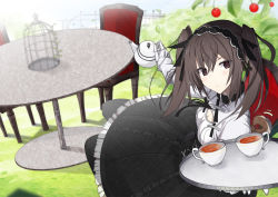 Rule 34 | 1girl, birdcage, black bow, black dress, black hairband, black legwear, bow, brown eyes, brown hair, cage, chair, cup, dog tail, dress, gloves, hairband, holding, holding teapot, iriam, long hair, on chair, original, sitting, solo, table, tail, tea, teacup, teapot, twintails, vane (vane0), virtual youtuber, white gloves