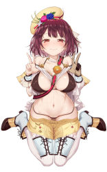 Rule 34 | 1girl, ahoge, asymmetrical gloves, atelier (series), atelier sophie, baakurou, bare shoulders, bikini, black bikini, blue flower, blush, breasts, brown eyes, brown gloves, brown hair, closed mouth, clothes lift, clothes pull, collarbone, commentary request, covered erect nipples, crop top, detached sleeves, double v, flower, frilled thighhighs, frills, full body, gloves, groin, hair ornament, hat, hat flower, high heels, highres, holding strap, jewelry, lifting own clothes, looking at viewer, medium breasts, navel, necklace, pink flower, red flower, shirt lift, shoes, short hair, short shorts, shorts, shorts pull, sitting, skindentation, smile, solo, sophie neuenmuller, stomach, strapless, sweat, swimsuit, thigh strap, thighhighs, uneven gloves, v, wariza, white background, white footwear, white thighhighs, wrist cuffs, yellow hat