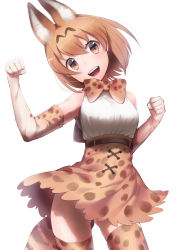 Rule 34 | 10s, 1girl, animal ears, blonde hair, brown eyes, cat ears, cat tail, clenched hands, elbow gloves, gloves, highres, kemono friends, print gloves, print skirt, print thighhighs, sabamori (aramusei), serval (kemono friends), serval print, serval tail, short hair, simple background, skirt, solo, tail, thighhighs, white background, white gloves, zettai ryouiki
