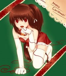 Rule 34 | 1girl, brown hair, christmas, elbow gloves, face, fang, fangs, gloves, highres, little busters!, long hair, merry christmas, natsume rin, nikotamu, open mouth, paw pose, ponytail, red eyes, simple background, solo, thighhighs, white gloves