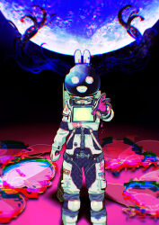 Rule 34 | 1girl, @ @, absurdres, animal ears, astronaut, black hair, blood, blood on clothes, blood on hands, chromatic aberration, fake animal ears, feet out of frame, floating hair, glitch, hand up, harness, helmet, highres, horror (theme), long hair, looking at viewer, mechanical ears, moon, nijisanji, official alternate costume, pink blood, rabbit ears, reaching, reaching towards viewer, screen, smile, solo, space, space helmet, spacesuit, tsukino mito, tsukino mito (16th costume), twintails, twitter username, very long hair, virtual youtuber, yuugu (yuguchu427)