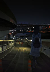 Rule 34 | 1girl, arms at sides, backpack, bag, black hair, black pantyhose, bridge, city, commentary request, dress, from behind, handrail, highres, highway, lamppost, medium hair, night, night sky, original, outdoors, pantyhose, road, sky, sleeves past wrists, solo, stairs, striped clothes, striped dress, traffic cone, unagi189, walking, walking away, white dress, white footwear