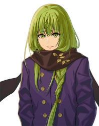Rule 34 | 1boy, androgynous, braid, brown scarf, closed mouth, commentary request, enkidu (fate), fate/grand order, fate/strange fake, fate (series), green eyes, green hair, long hair, long sleeves, looking at viewer, male focus, scarf, smile, solo, zanshi