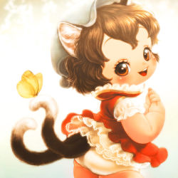 Rule 34 | 1girl, aged down, animal ears, brown hair, bug, butterfly, cat ears, cat tail, chen, clenched hands, gradient background, hat, insect, looking at viewer, mob cap, multiple tails, open mouth, panties, red eyes, short hair, short sleeves, simple background, skirt, skirt set, solo, souri, tail, touhou, underwear, white panties