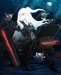 Rule 34 | 10s, 1girl, abyssal ship, aircraft carrier oni, enemy aircraft (kancolle), floating hair, glowing, glowing eyes, kantai collection, light rays, long hair, looking to the side, outdoors, pale skin, red eyes, rock, sitting, smile, solo, tomamatto, underwater, water, white hair