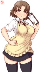 Rule 34 | 1girl, alternate costume, apron, artist logo, black skirt, black thighhighs, brown apron, brown eyes, brown hair, chiyoda (kancolle), clipboard, collared shirt, commentary request, cosplay, cowboy shot, dated, hand on own hip, highres, holding, holding clipboard, kanon (kurogane knights), kantai collection, looking at viewer, shirt, short hair, short sleeves, simple background, skirt, solo, standing, thighhighs, wagnaria uniform, waitress, white background, white shirt, working!!