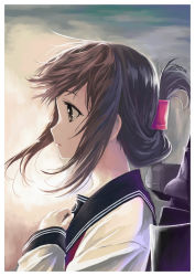 Rule 34 | 10s, 1girl, brown eyes, brown hair, folded ponytail, from side, highres, inazuma (kancolle), kantai collection, kohige, looking away, machinery, parted lips, school uniform, serafuku, solo, traditional media, wind