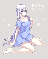 Rule 34 | 1girl, arm support, bad id, bad pixiv id, barefoot, blue dress, blue eyes, character name, copyright name, dress, full body, grey background, hair between eyes, hair down, highres, kesuke, long hair, looking at viewer, rwby, short dress, short sleeves, silver hair, simple background, sitting, solo, star (symbol), thighs, very long hair, weiss schnee