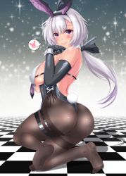 Rule 34 | 1girl, absurdres, animal ears, ass, azur lane, backless leotard, black bow, black leotard, black necktie, black pantyhose, bow, breasts, checkered floor, elbow gloves, fake animal ears, fake tail, full body, gloves, grey hair, hair bow, heart, highres, igarashi gozo, kneeling, large breasts, leotard, leotard under clothes, long hair, mechanical hands, metal gloves, necktie, official alternate costume, pantyhose, playboy bunny, purple eyes, rabbit tail, reno (azur lane), reno (reno bunnino) (azur lane), side-tie leotard, sideboob, single elbow glove, single mechanical hand, solo, spoken heart, tail