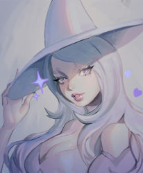 Rule 34 | 1girl, blue nails, breasts, cleavage, creatures (company), game freak, gen 8 pokemon, grey eyes, hat, hatterene, highres, jestabocki, large breasts, looking at viewer, nail polish, nintendo, personification, pokemon, simple background, solo, sparkle, upper body, white hair, white hat