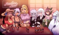 Rule 34 | 6+girls, alcohol, amazoness (monster girl encyclopedia), beer, beer bottle, beer mug, blush, breasts, cleavage, closed eyes, cup, dragon girl, earrings, ezzydraws, hat, holding, indoors, japanese clothes, jewelry, kikimora (monster girl encyclopedia), kimono, lamia, lamia (monster girl encyclopedia), large breasts, lich (monster girl encyclopedia), long hair, looking at another, monster girl, monster girl encyclopedia, monster girl encyclopedia ii, mug, multiple girls, pointy ears, ponytail, scales, shirohebi (monster girl encyclopedia), short hair, smile, straw hat, sweater, table, tank top, tattoo, undead, wolf girl, wyvern (monster girl encyclopedia), yuki onna (monster girl encyclopedia)