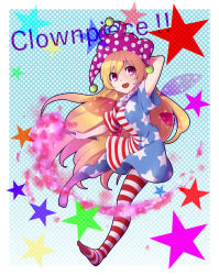 Rule 34 | 1girl, :d, american flag dress, bad id, bad pixiv id, blonde hair, clownpiece, feet, hat, highres, jester cap, neck ruff, no shoes, open mouth, pantyhose, red eyes, shiori (aid19815), smile, solo, star (symbol), striped clothes, striped legwear, striped pantyhose, torch, touhou
