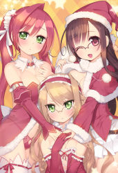 Rule 34 | 3girls, :&lt;, ;d, age difference, arima kanae, arima senka, arima senne, bell, blonde hair, blush, breasts, brown hair, christmas, cleavage, detached collar, detached sleeves, elbow gloves, flat chest, girl sandwich, glasses, gloves, green eyes, hairband, highres, jewelry, kashiwamochi yomogi, large breasts, long hair, mother and daughter, multiple girls, one eye closed, open mouth, original, panties, pink hair, ponytail, red eyes, red gloves, ring, sandwiched, santa costume, see-through, siblings, sisters, smile, star (symbol), tears, thighhighs, underwear, white legwear, wink