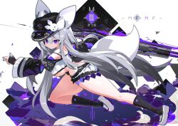 Rule 34 | 1girl, animal ears, black gloves, black hat, black socks, breasts, cabbie hat, crop top, fingerless gloves, fox ears, fox girl, fox tail, full body, gloves, grey hair, hair between eyes, hat, highres, holding, holding weapon, kneehighs, large breasts, long hair, looking at viewer, mamuru, micro shorts, off-shoulder shirt, off shoulder, original, purple eyes, purple nails, running, shirt, shoes, shorts, socks, solo, tail, thick thighs, thighs, underboob, v-shaped eyebrows, very long hair, weapon, white footwear, white shorts