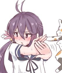 Rule 34 | 1girl, 702 (naotsu), ahoge, akebono (kancolle), bell, blue sailor collar, cat, commentary request, expressive hair, flower, hair bell, hair flower, hair ornament, highres, jingle bell, kantai collection, long hair, looking to the side, purple eyes, purple hair, sailor collar, school uniform, serafuku, side ponytail, simple background, solo, upper body, very long hair, white background