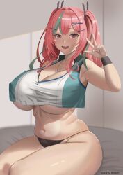 Rule 34 | 1girl, absurdres, armpit peek, azur lane, bed sheet, black panties, black wristband, breasts, bremerton (azur lane), bremerton (scorching-hot training) (azur lane), brown eyes, chromatic aberration, cleavage, collarbone, collared shirt, covered erect nipples, crop top, crop top overhang, curvy, green hair, green shirt, groin, hair intakes, hair ornament, hairclip, heart, heart in eye, heart necklace, highres, huge breasts, jewelry, lace, lace-trimmed panties, lace trim, legs together, light blush, looking at viewer, mole, mole under eye, multicolored hair, navel, necklace, no pants, official alternate costume, open mouth, panties, pink hair, plump, shirt, sitting, sleeveless, sleeveless shirt, smile, solo, sportswear, stomach, streaked hair, suteshin, symbol in eye, teeth, tennis uniform, thick thighs, thighs, twintails, twitter username, two-tone hair, two-tone shirt, underboob, underwear, w, white shirt, x hair ornament